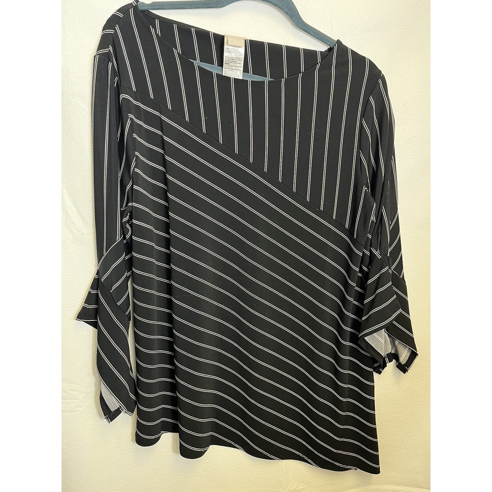 travelers by CHICO'S Top Size L (2) Asymmetrical Hem Black White Striped Tunic